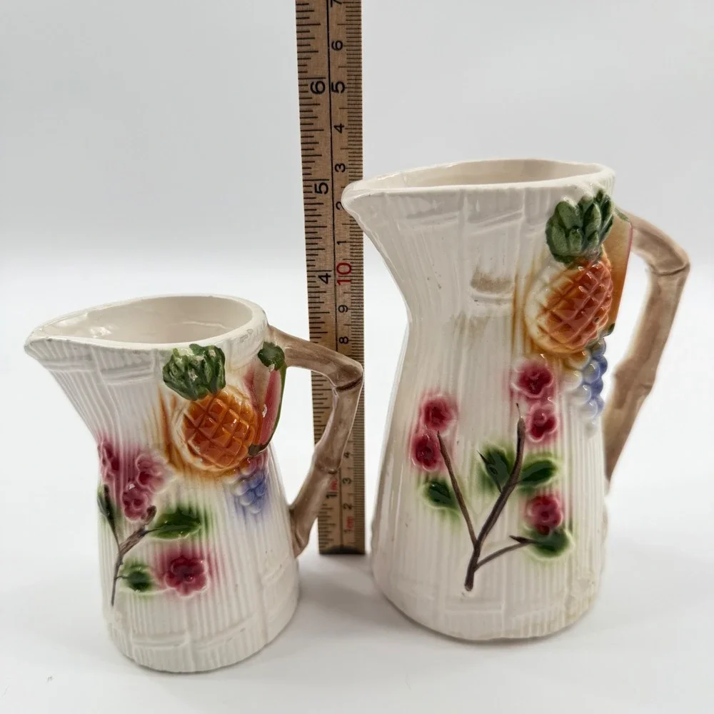 Vintage Ceramic Pitcher Creamer Japan Bamboo Fruit Floral Tropical‎ Retro Decor
